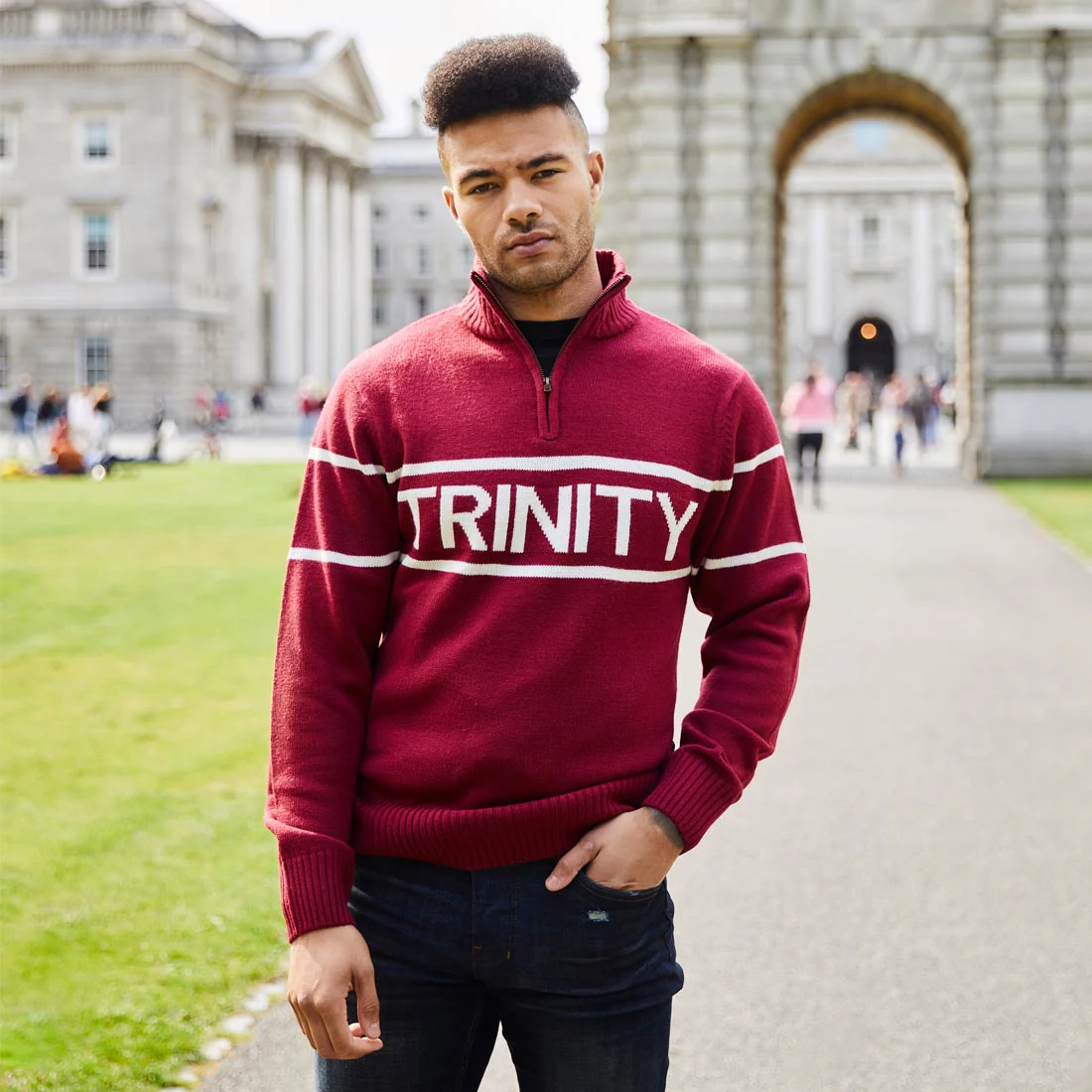 Trinity Jacquard Knitted 1/4 Zip - Burgundy & Cream - Image 5