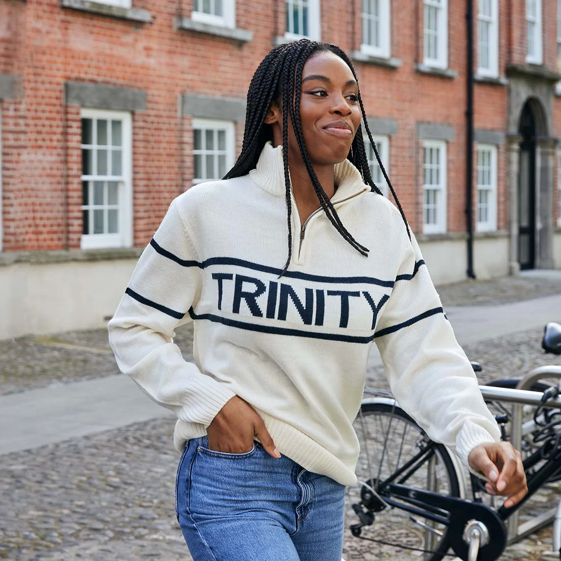 Trinity Jacquard Knitted 1/4 Zip - Cream & Navy - Image 4