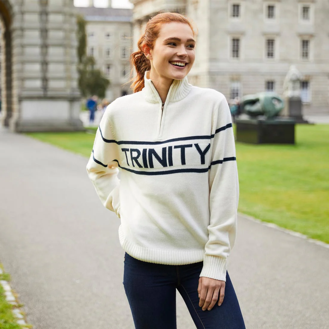 Trinity Jacquard Knitted 1/4 Zip - Cream & Navy - Image 5